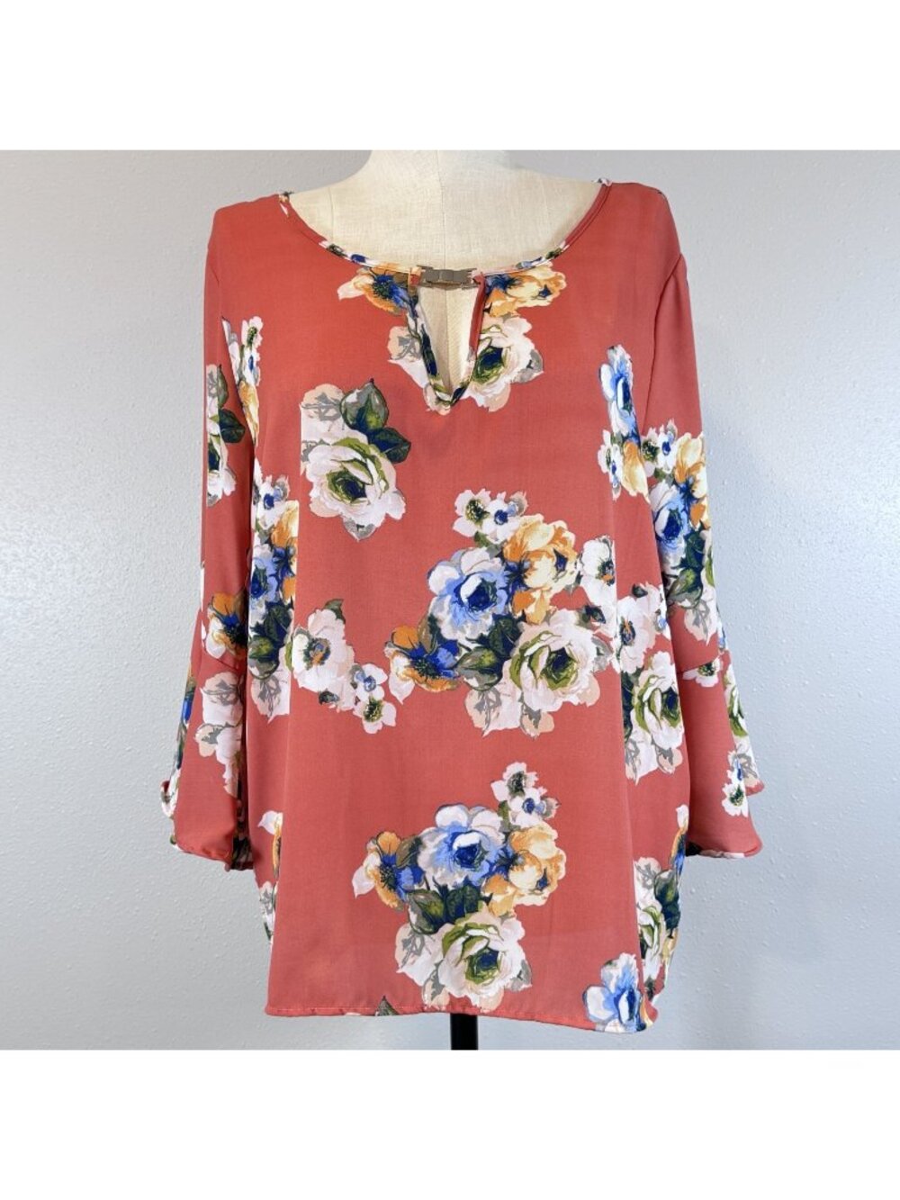Zenobia Tunic Top Womens 3XL Coral Floral Bell Sleeve Boat Neck Tie Closure NEW